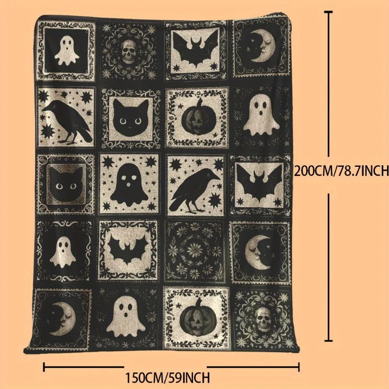 A dark flannel patchwork throw blanket featuring various spooky Halloween motifs like bats ghosts cats and pumpkins