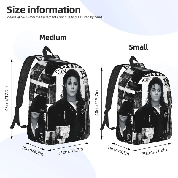 Comparison of Medium and Small sizes of a durable canvas backpack for school and college.