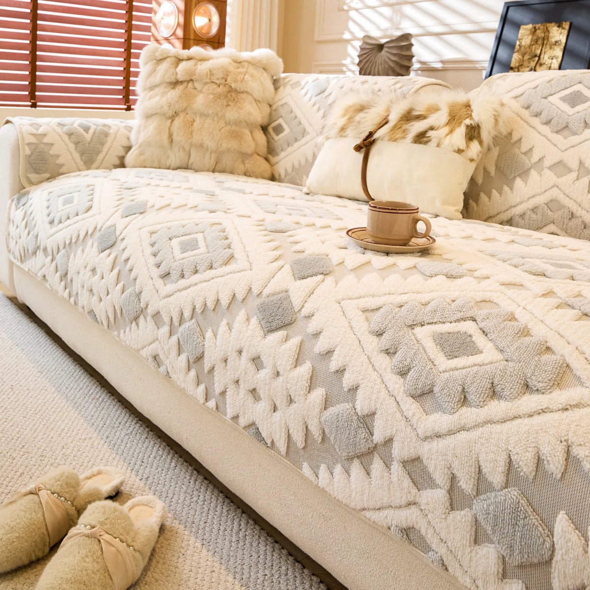 A beige and cream patterned fleece sofa slipcover with faux fur pillows and a ceramic cup on the seat.