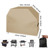 A beige heavy duty waterproof BBQ grill cover shown in various configurations and sizes.