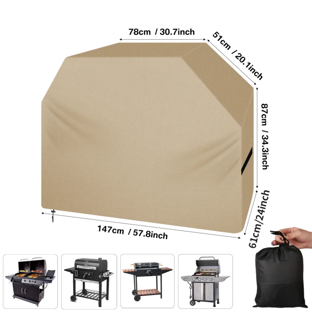 A beige heavy duty waterproof BBQ grill cover shown in various configurations and sizes.