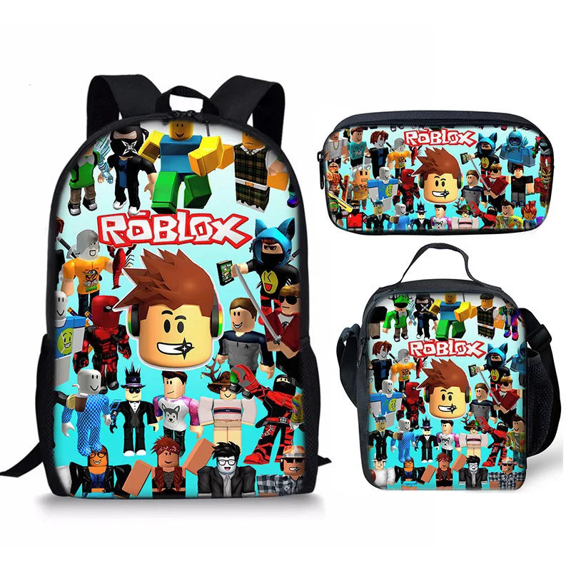 A set of three Roblox themed backpacks featuring various Roblox characters and graphics.