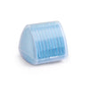 A translucent light blue plastic container of erasable fabric chalk markers for sewing.