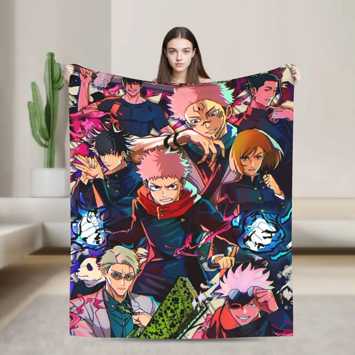 A flannel throw blanket featuring characters from Jujutsu Kaisen, including Gojo Satoru.