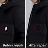Comparison of a down jacket before and after self-adhesive fabric repair patches are applied.