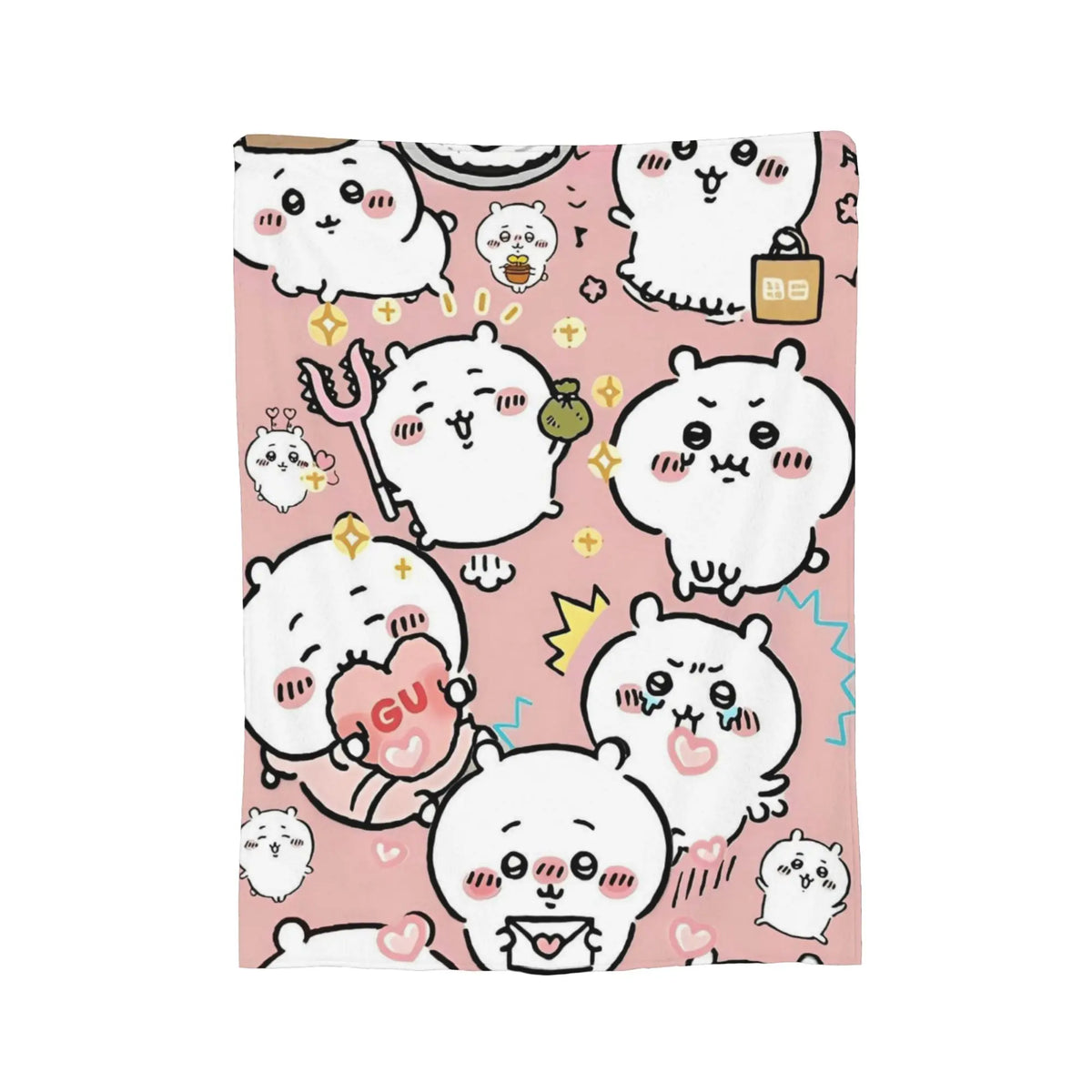 A pink flannel throw blanket featuring a repeating pattern of cute Chiikawa cartoon characters.