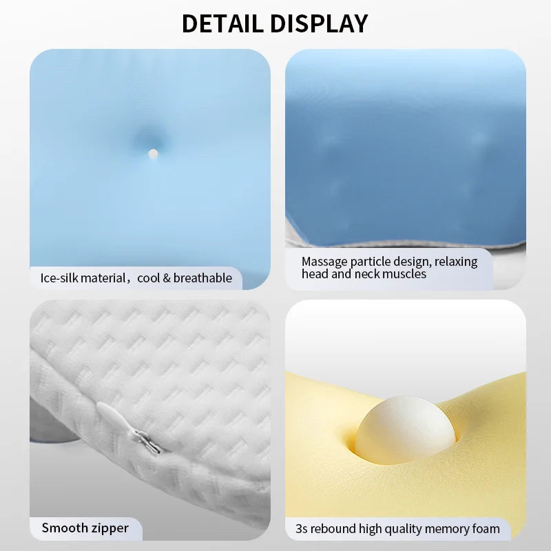 Detail display of an ergonomic memory foam cervical pillow showing ice-silk material, smooth zipper, and rebound memory foam.