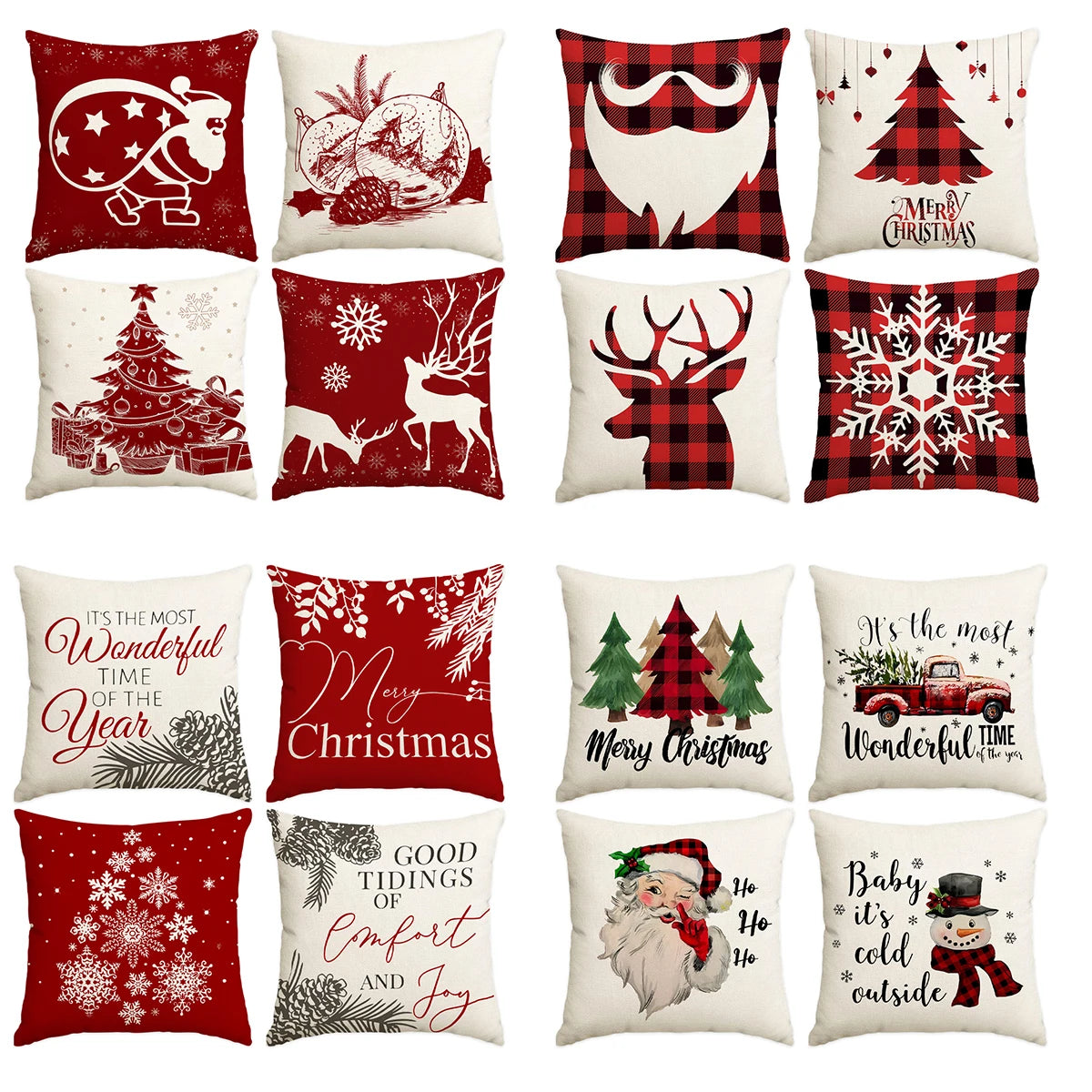 A set of twelve decorative Christmas themed throw pillows featuring various holiday designs and patterns.
