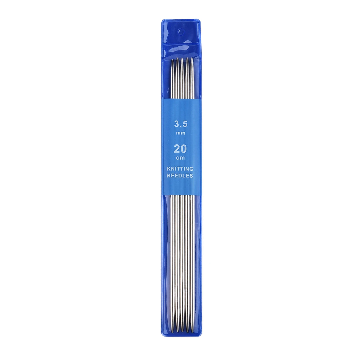 A blue box containing a set of 20cm stainless steel knitting needles.
