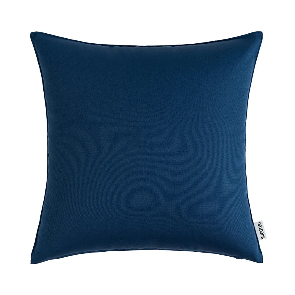 A dark navy blue decorative outdoor pillow cover for patio and garden use.