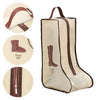 A beige boot storage bag with a brown trim and zipper, shown alongside close-up views of the product.