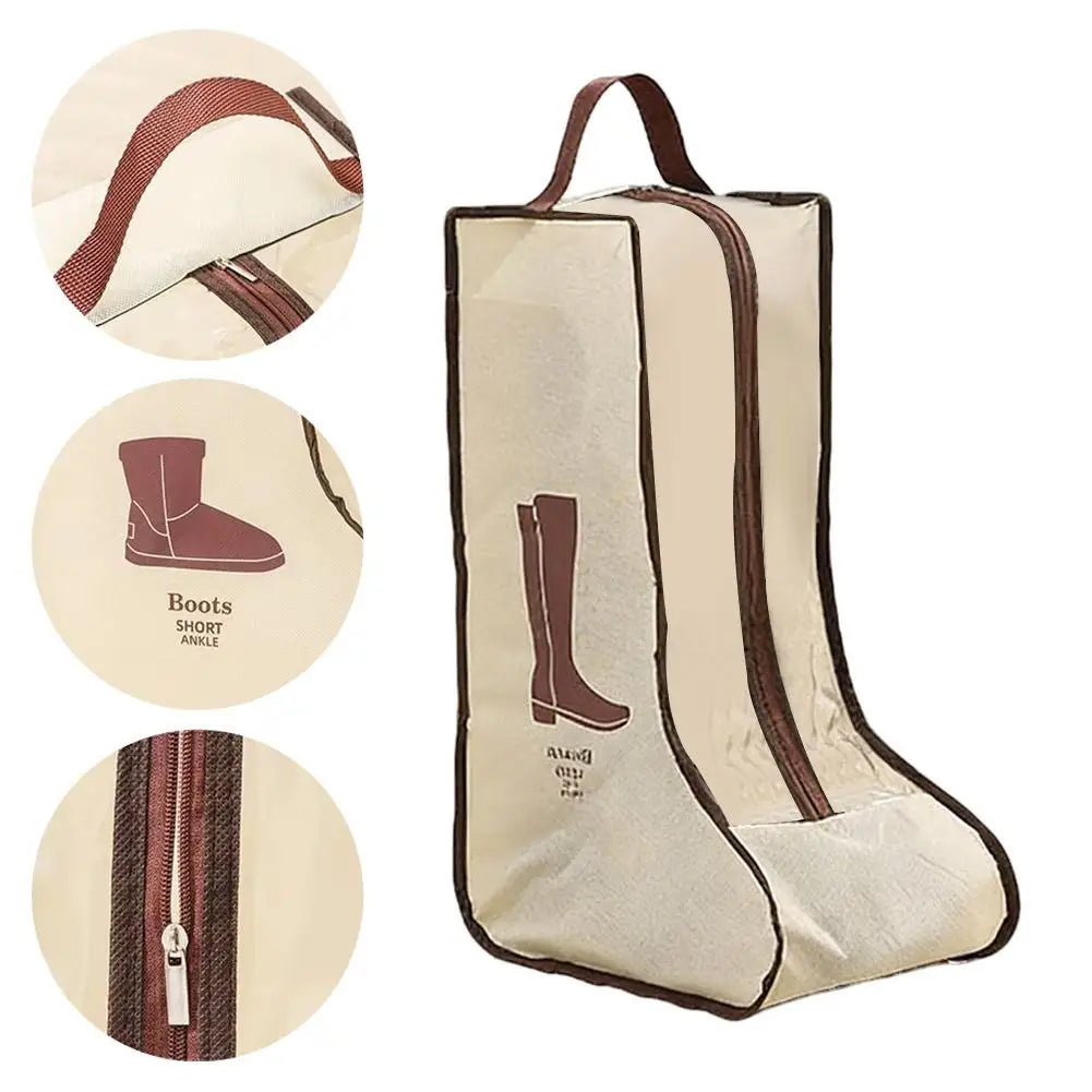 A beige boot storage bag with a brown trim and zipper, shown alongside close-up views of the product.