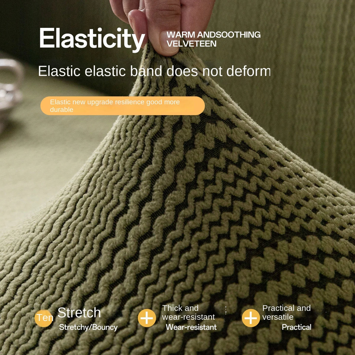 Close-up of a textured olive green velvet fabric showing elasticity and stretch.