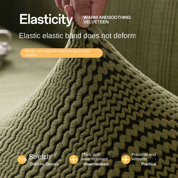 Close-up of a textured olive green velvet fabric showing elasticity and stretch.
