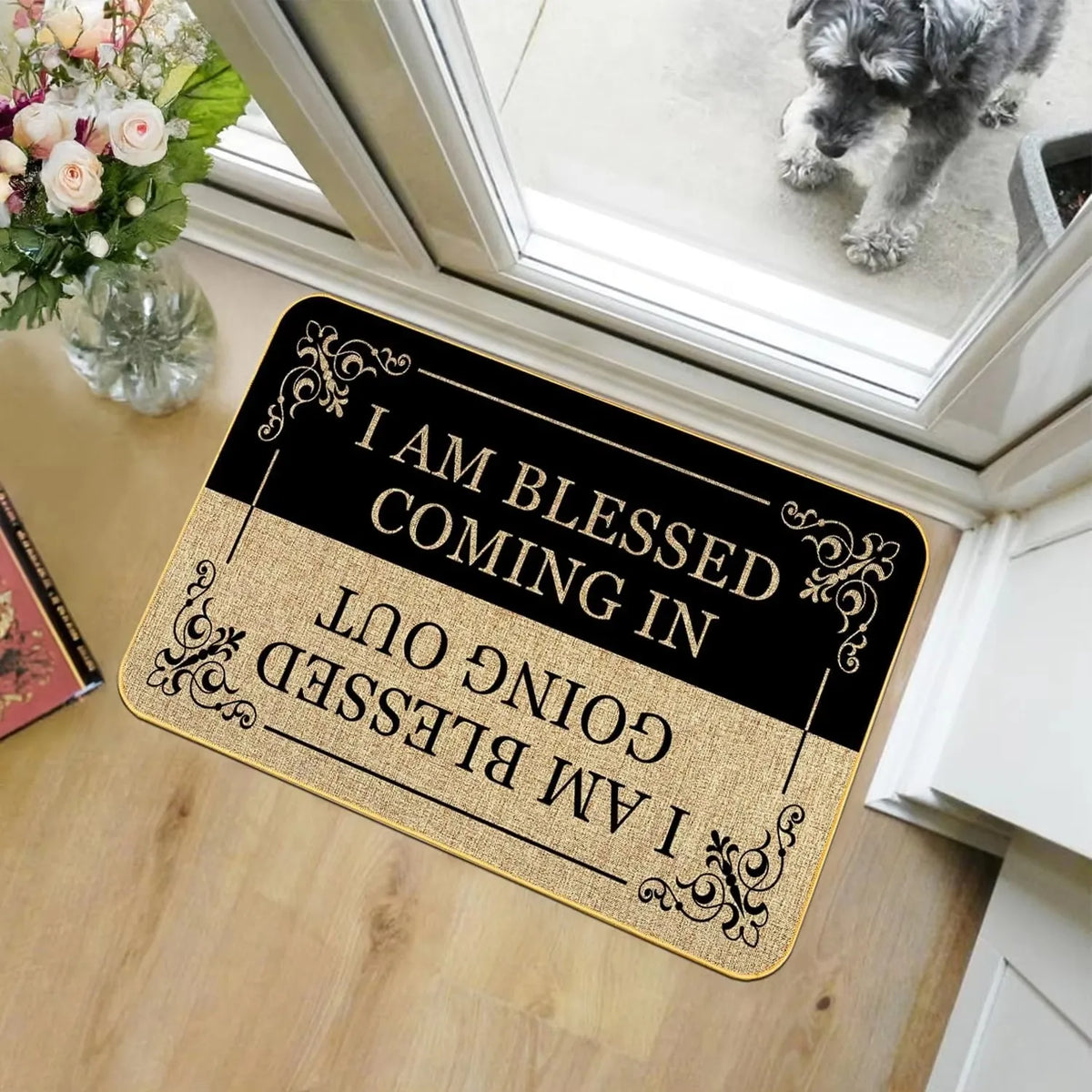 A black and gold doormat with the text I am blessed coming in and I am blessed going out