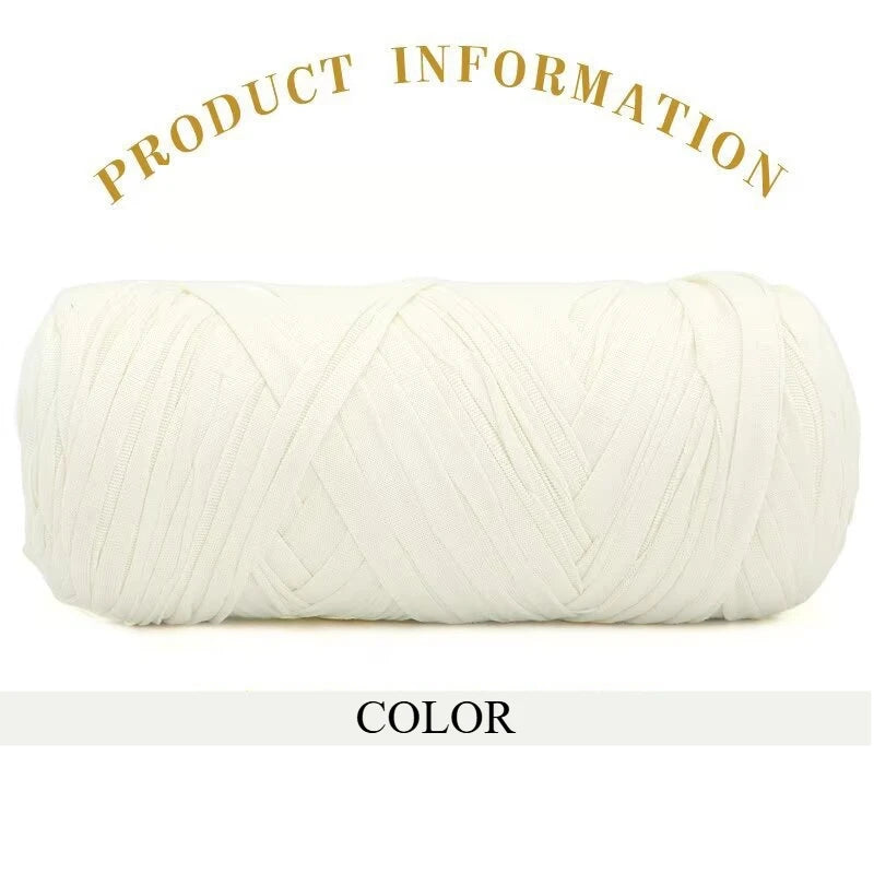 A skein of thick, cream-colored polyester blended yarn is shown rolled up for crafting.