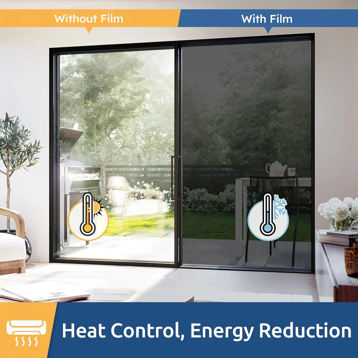 Comparison of a window without film and with film showing heat control and energy reduction features.