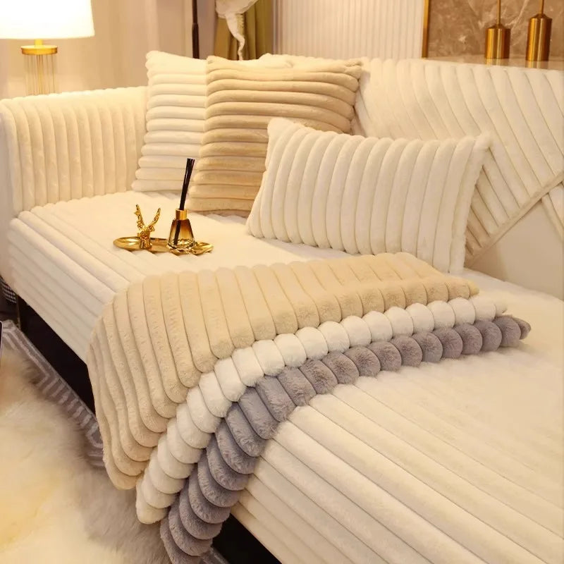 A white plush anti-slip sofa seat cushion cover with vertical pleats and a layered, textured fabric.