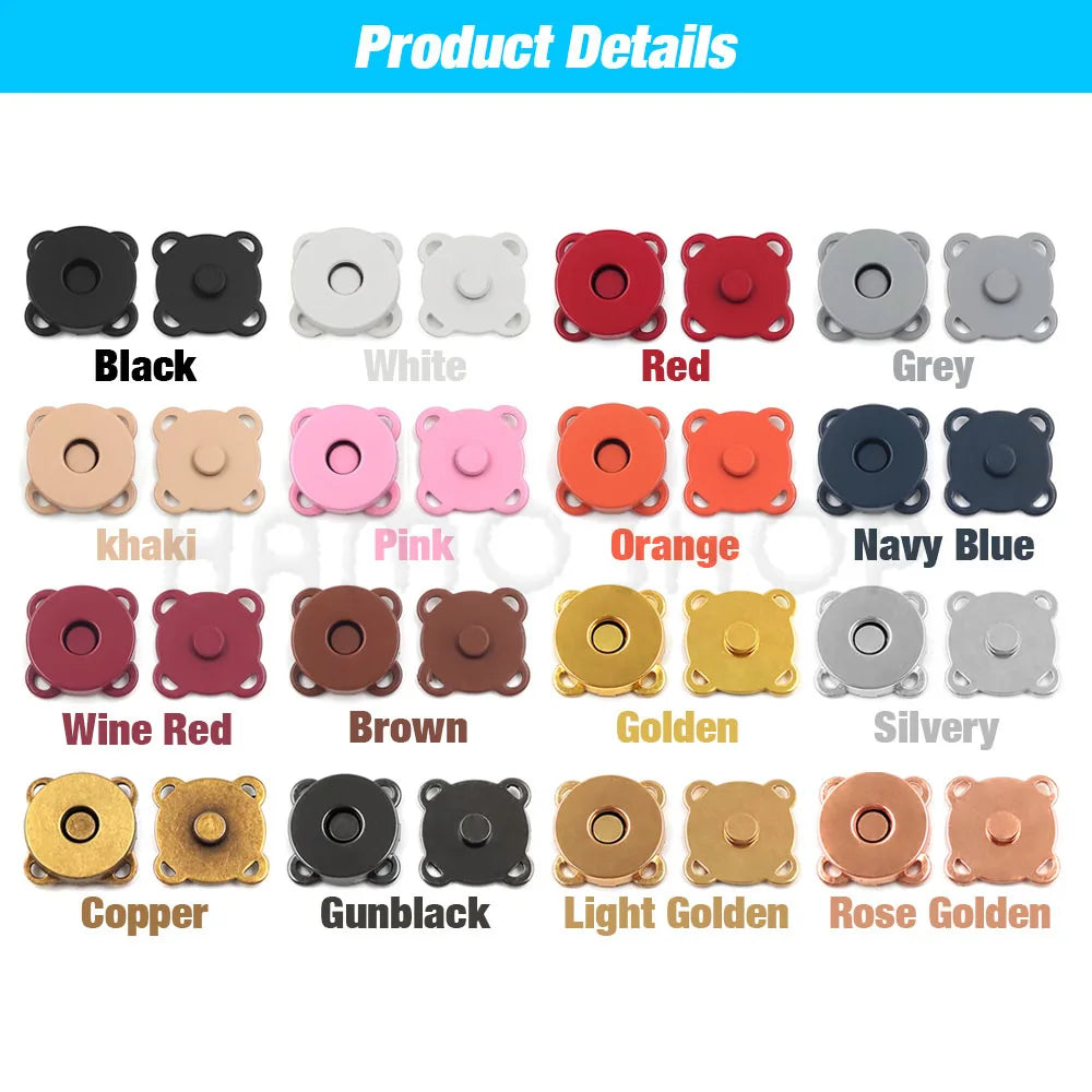 A collection of metal magnetic snap buttons in various colors including black, white, red, grey, pink, orange, navy blue, and