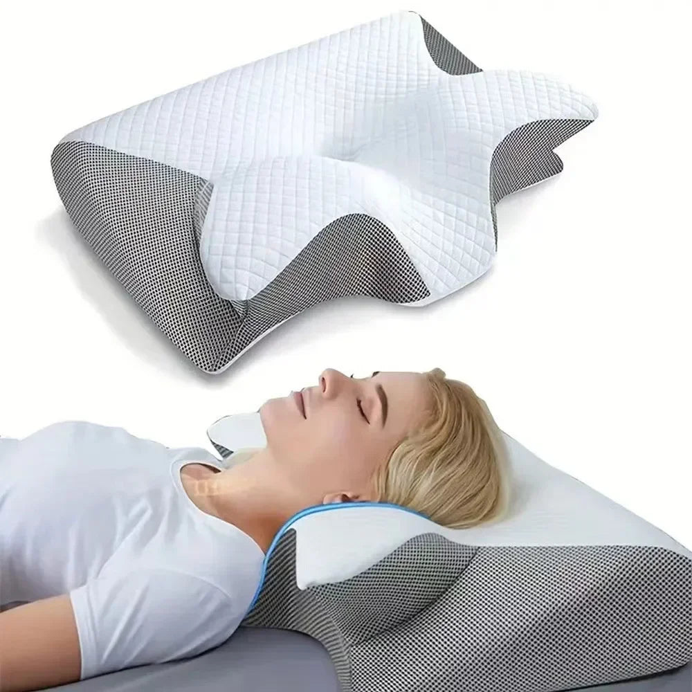 A white memory foam cervical neck pillow is shown next to a person sleeping on a pillow.