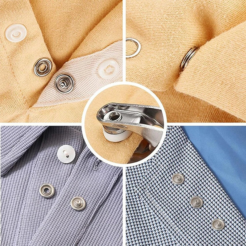 Close-up view of precision snap buttons in beige, silver, and blue colors used for DIY sewing projects.