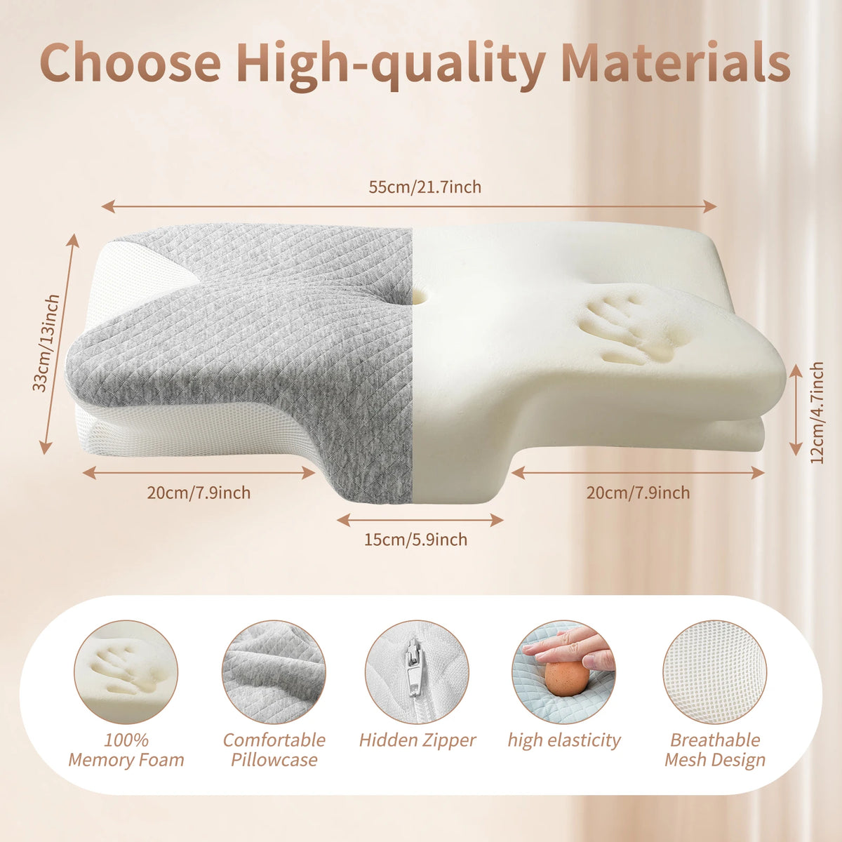 A white ergonomic memory foam pillow with a gray cover showing its dimensions and features.