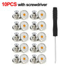 A set of 10 metal jeans button repair kits with screwdrivers shown in various configurations.