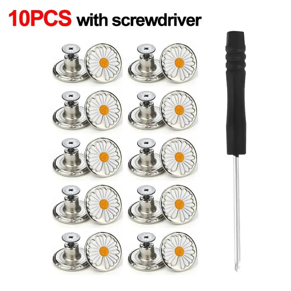 A set of 10 metal jeans button repair kits with screwdrivers shown in various configurations.