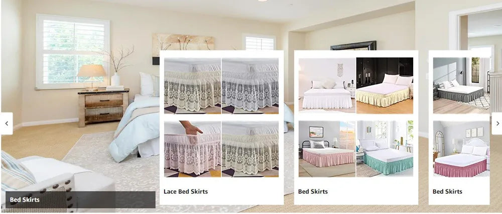 Various lace ruffle bed skirts in white, pink, and green colors displayed on beds.