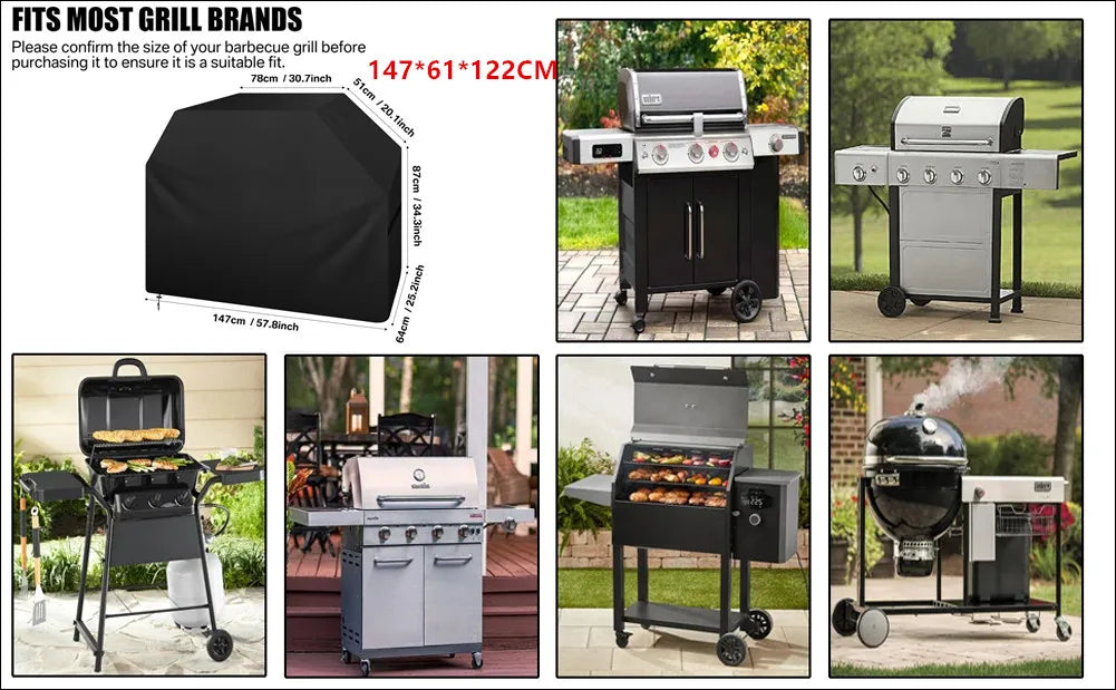 Various heavy-duty waterproof grill covers and accessories for gas and charcoal grills.
