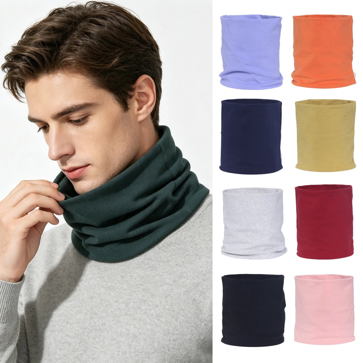 A man wearing a dark green neck scarf against a light gray sweater, with various colored scarves displayed beside it.