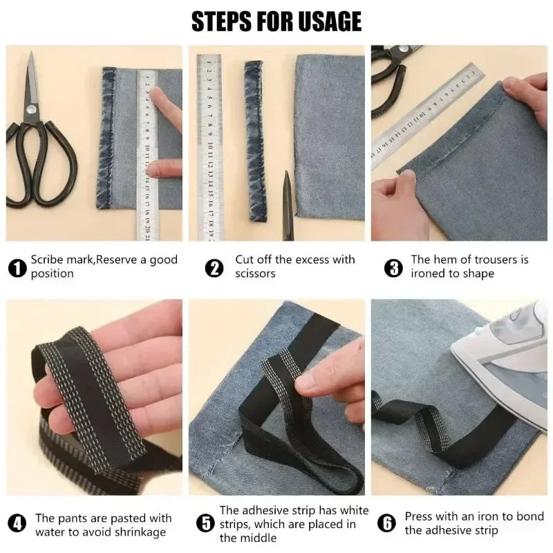 Six steps showing how to use iron-on hem tape for pants and jeans