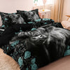 Black and teal floral print bedding featuring a realistic Highland cow head design.