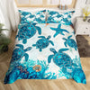 A sea turtle patterned duvet cover set featuring vibrant blue and teal designs on a white background.