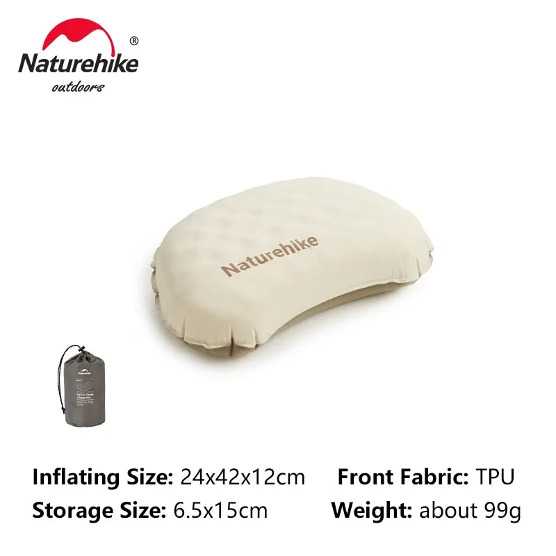 A beige inflatable camping pillow and a storage bag are shown for outdoor use.