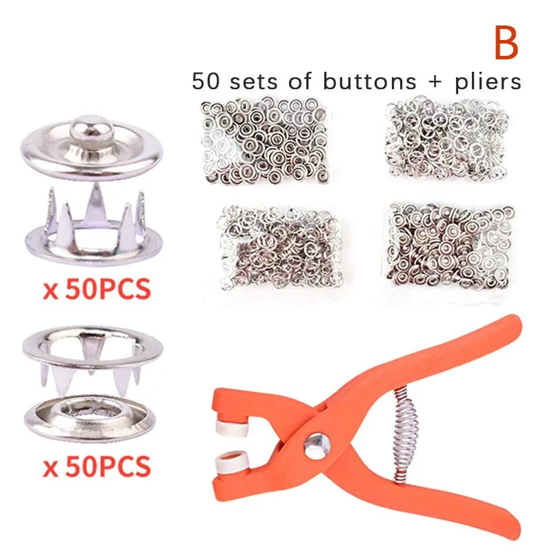 A set of 50 buttons and pliers for fastener installation, including various sizes of snaps.
