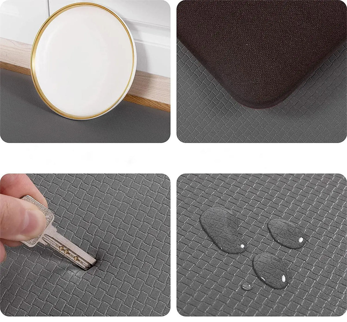 A set of anti-fatigue PVC kitchen mats showing a white plate and several dark gray mats.