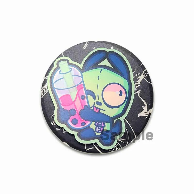 An enamel pin featuring an anime character with blue hair and a pink drink.