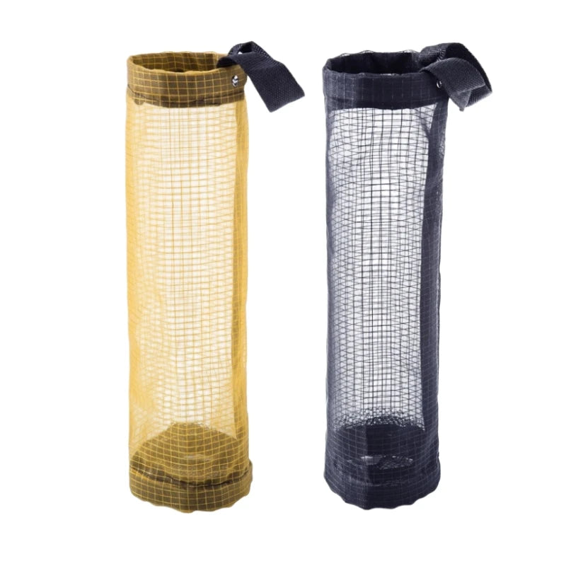 Two hanging mesh trash bags, one yellow and one gray, with black fabric loops for organization.