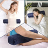 A woman is shown using a memory foam cervical pillow for neck support while relaxing on a bed.