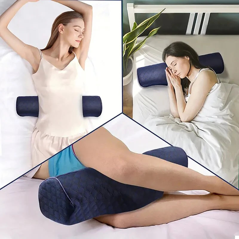 A woman is shown using a memory foam cervical pillow for neck support while relaxing on a bed.