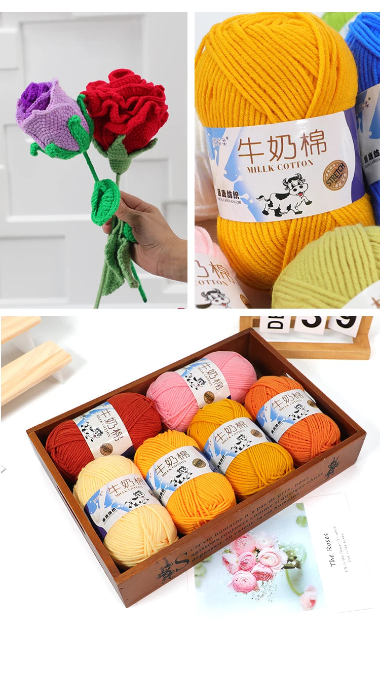 A collection of yellow and pink milk cotton yarn skeins for knitting and crochet projects.