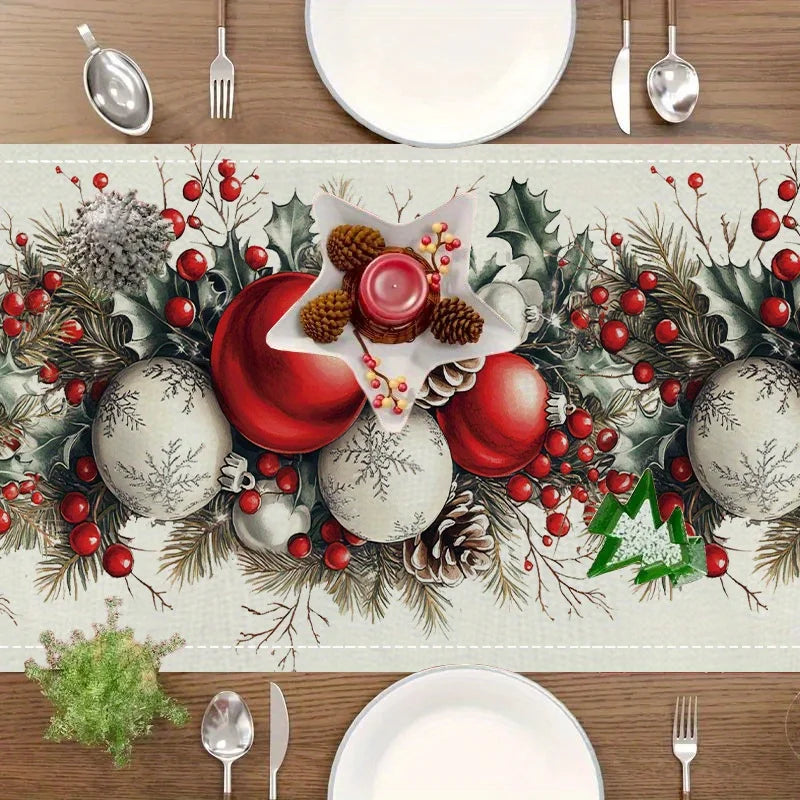 A festive linen table runner featuring pine cones, red berries, and greenery for a Christmas theme.