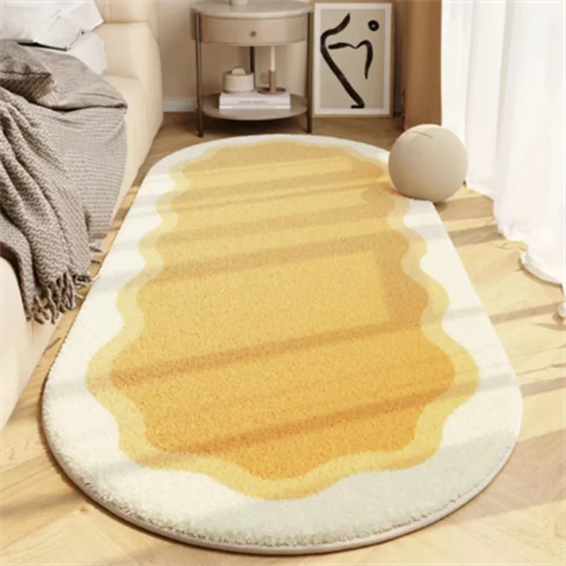 A light beige seasonal decor rug with subtle yellow stripes and an organic shape placed on a wooden floor.