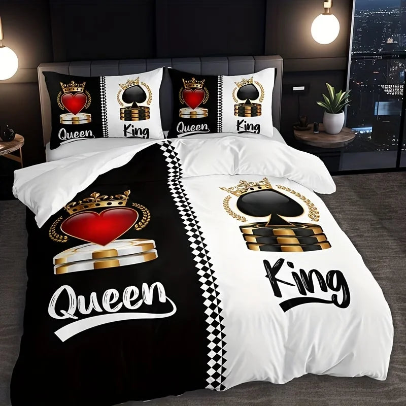 Black and white printed bedding set featuring a Queen and King theme with crowns and gold accents