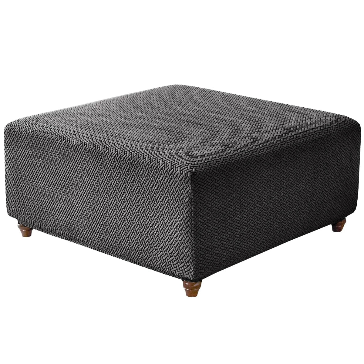 A dark gray stretch jacquard ottoman and stool cover with a textured woven pattern.
