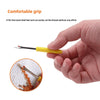 A hand is using a yellow precision seam ripper tool to cut thread on a white fabric surface.