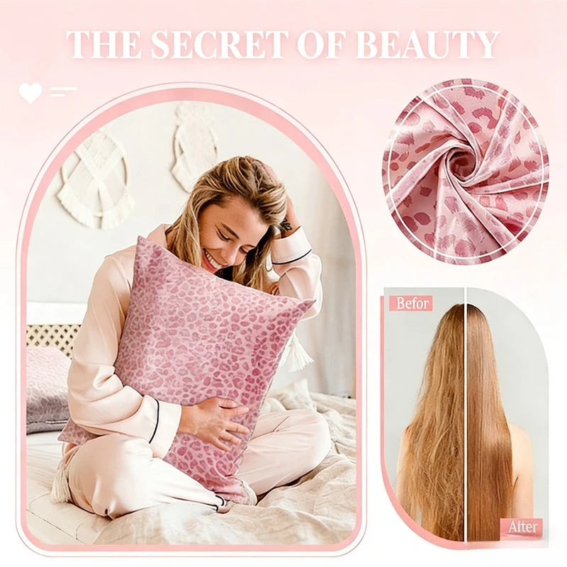 A woman is shown using a pink leopard print satin pillowcase for hair and skin care.