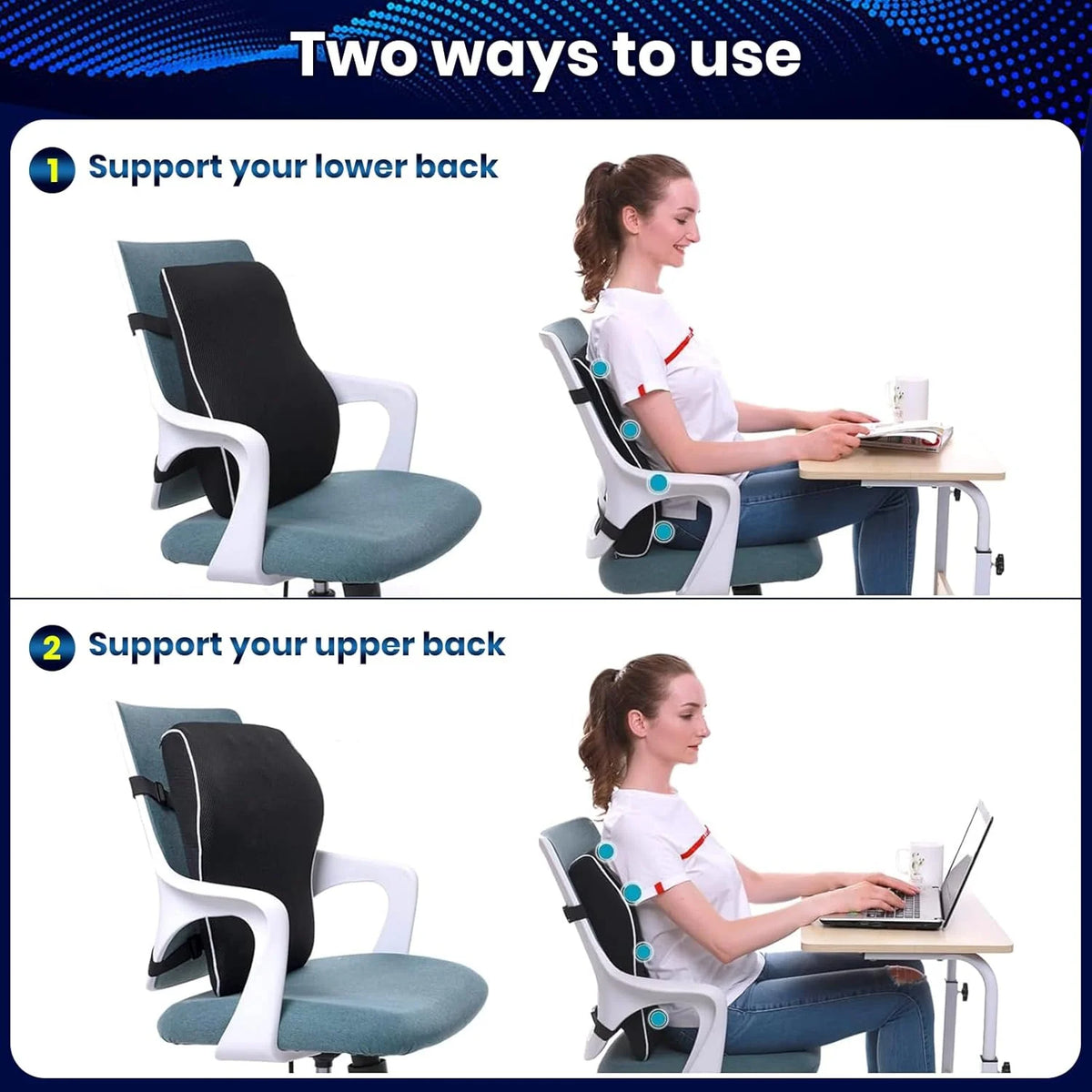 Two ways to use a memory foam lumbar support pillow for lower or upper back support.