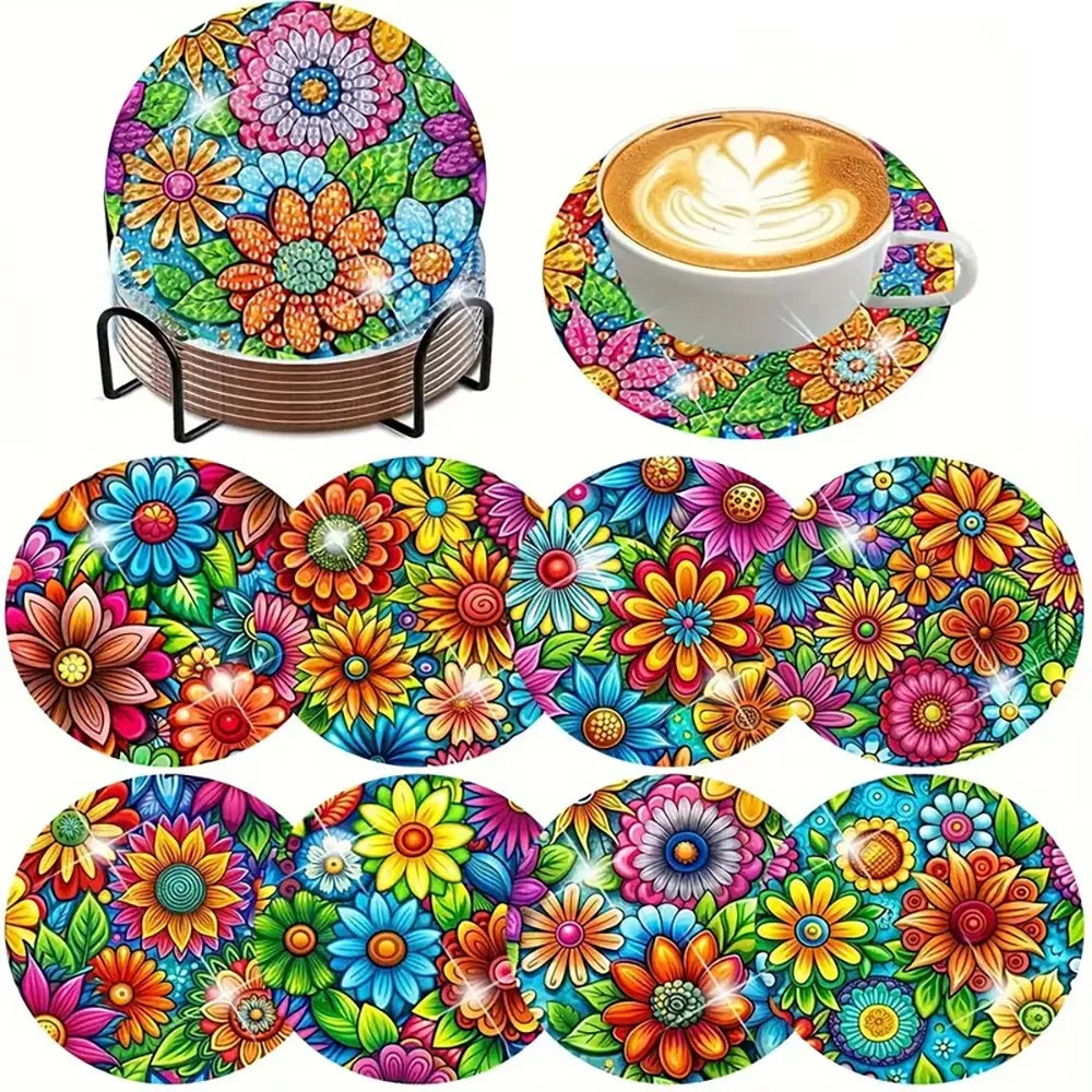 A colorful diamond painting coaster set featuring floral and nature designs, including a round coaster and a latte art cup.